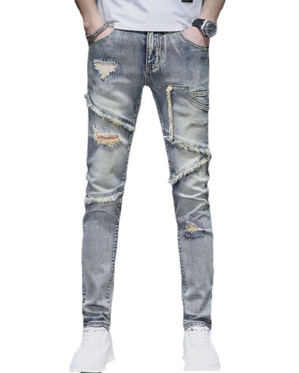 Distressed Raw Hem Ripped Stitching Stretch Denim Trousers