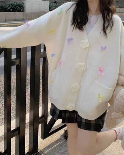 Women's Bow Knitted Cardigan Loose-fitting Oversized Sweater