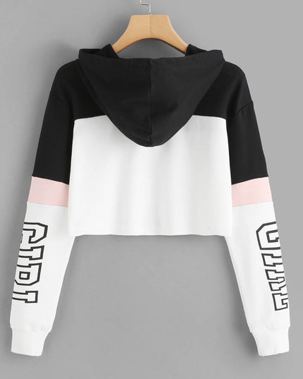 Crop Top Hoodie  Sweatshirt Hoodies Women Patchwork Lett - Image #0