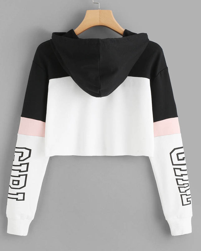 Crop Top Hoodie  Sweatshirt Hoodies Women Patchwork Lett - Image #0