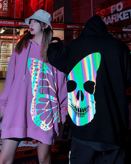Laser Colorful Butterfly Skull Reflective Printed Hoodie