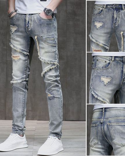 Distressed Raw Hem Ripped Stitching Stretch Denim Trousers