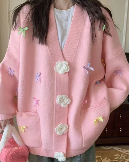 Women's Bow Knitted Cardigan Loose-fitting Oversized Sweater