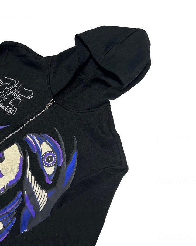 Men's Rhinestone Skull Purple Print Sreetwear Oversized Hood