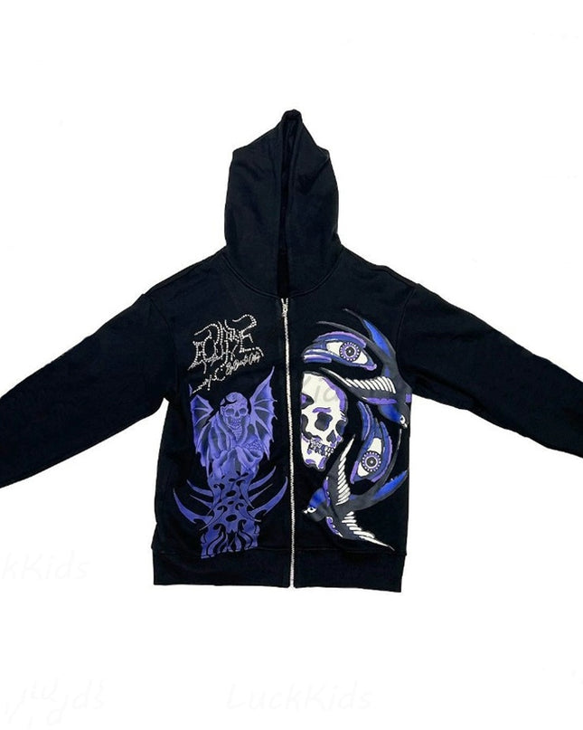 Men's Rhinestone Skull Purple Print Sreetwear Oversized Hood