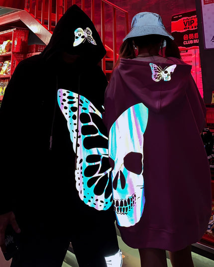 Laser Colorful Butterfly Skull Reflective Printed Hoodie
