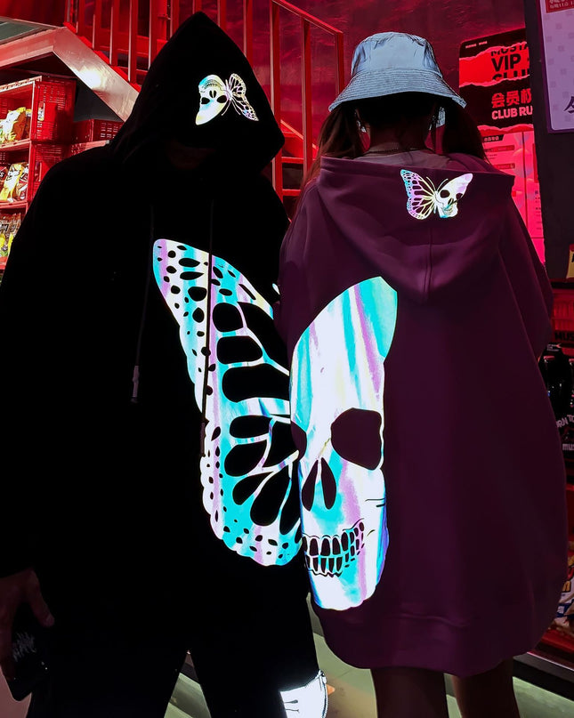Laser Colorful Butterfly Skull Reflective Printed Hoodie