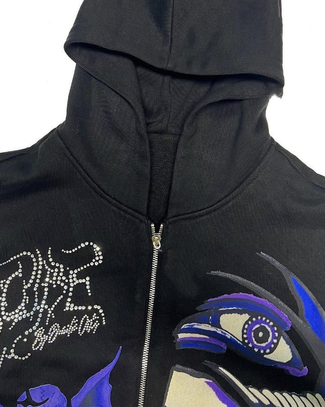Men's Rhinestone Skull Purple Print Sreetwear Oversized Hood