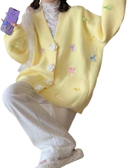 Women's Bow Knitted Cardigan Loose-fitting Oversized Sweater
