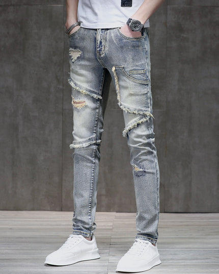 Distressed Raw Hem Ripped Stitching Stretch Denim Trousers