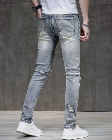 Distressed Raw Hem Ripped Stitching Stretch Denim Trousers