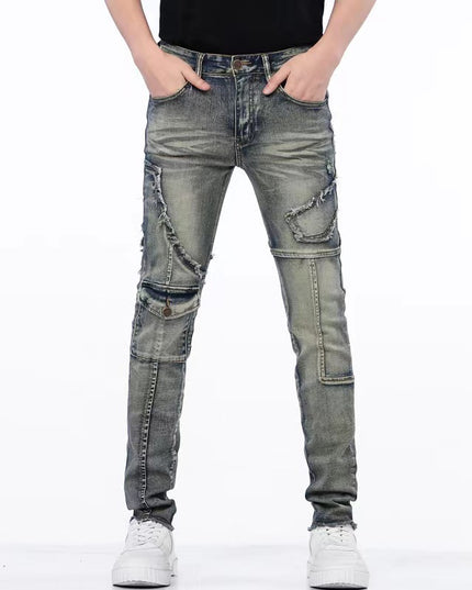 Distressed Raw Hem Ripped Stitching Stretch Denim Trousers