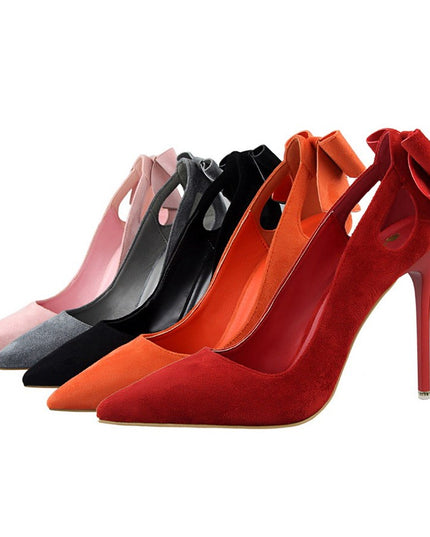 Suede Shallow Pointed Cutout Bow Sneakers
