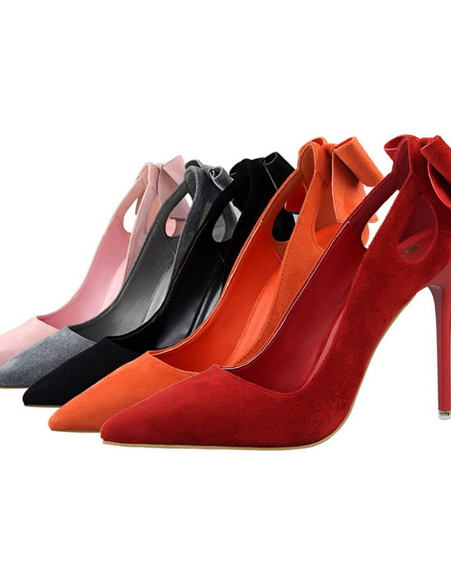 Suede Shallow Pointed Cutout Bow Sneakers
