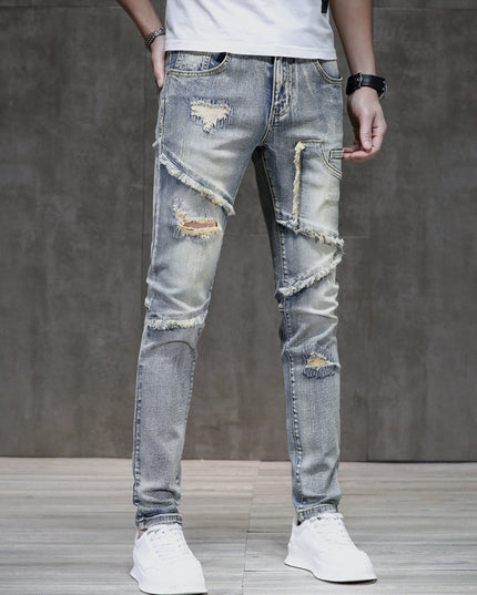 Distressed Raw Hem Ripped Stitching Stretch Denim Trousers