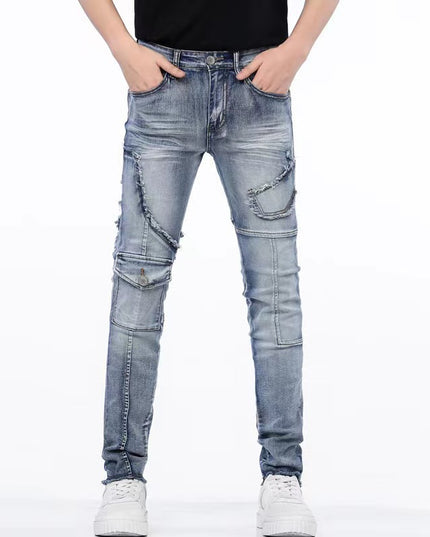 Distressed Raw Hem Ripped Stitching Stretch Denim Trousers