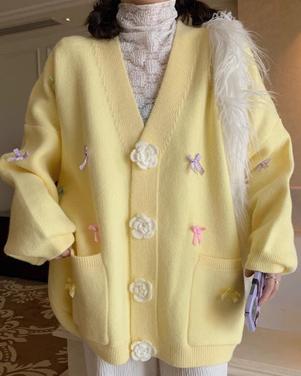 Women's Bow Knitted Cardigan Loose-fitting Oversized Sweater
