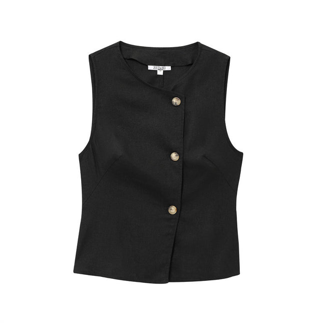 Linen Blend Double Breasted Vest Top