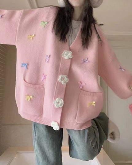 Women's Bow Knitted Cardigan Loose-fitting Oversized Sweater