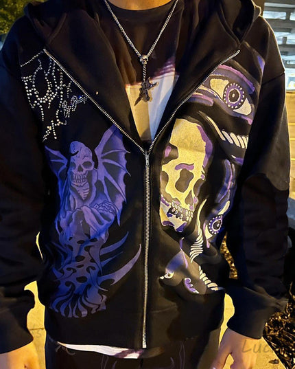 Men's Rhinestone Skull Purple Print Sreetwear Oversized Hood